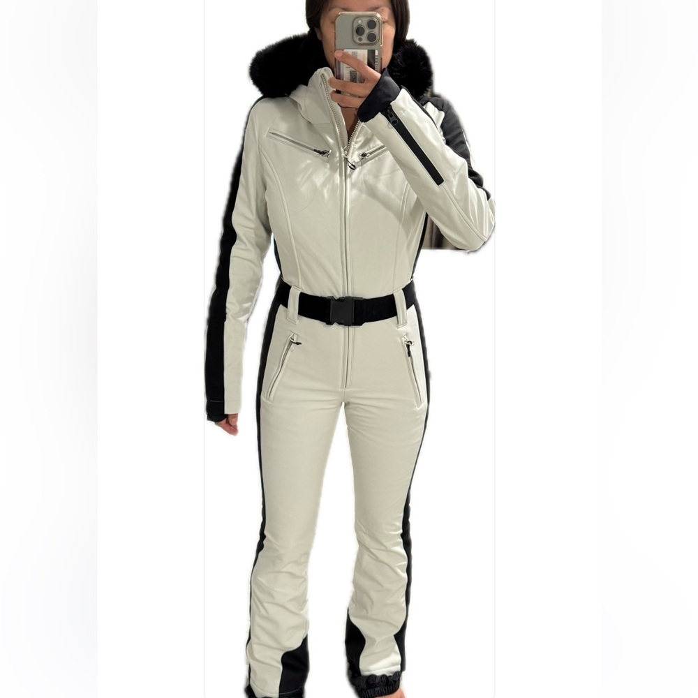 Belted Off white with Black stripe fur hood ski suit size S
